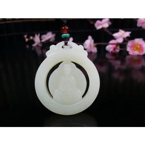 Natural hetian white jade handcarved guanyin pendant simple retro pendant temperament jewellery fashion for woman men