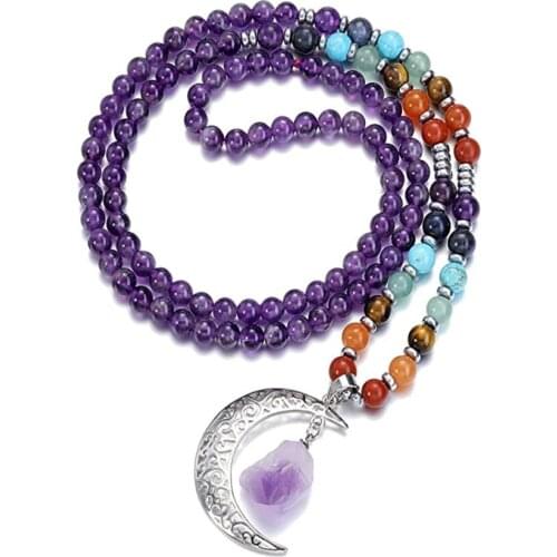 Silver Plated Crescent Moon Irregular Shape Amethysts Stone Pendant Long Beads Chain Necklace Healing Reiki Chakra Jewelry