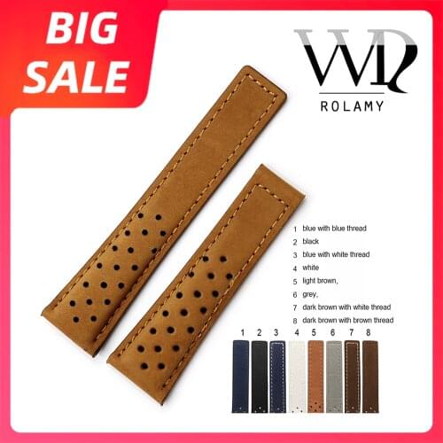 Rolamy Watch Band 20 22mm Grey White Real Calf Leather Suede Strap VINTAGE Replacement Wrist Leather Watch Strap For Tag Heuer