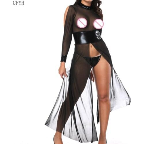Sexy Lingerie Women Transparent Long Sexy Dress with Thong Faux Leather Stretchy Mesh Night Clubwear Dress for Sex Vestidos