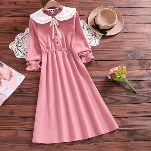Mori girl corduroy solid cute dress new autumn fashion bow long sleeve women sweet vestidos