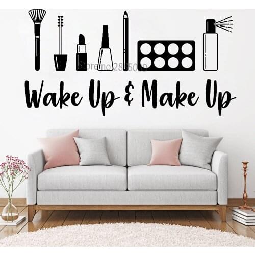 Wake up and Make Up Quote Wall Stickers Decal Wall Vinyl Art Design Eyebrows Makeup Tools Murals Beauty Studio Decoration LC975