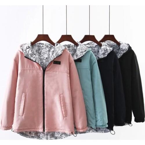 2020 Autumn Bomber Basic Jacket Women Hooded Two Side Wear Jaqueta Feminina Cartoon Print windbreaker Outwear Coat female jacket