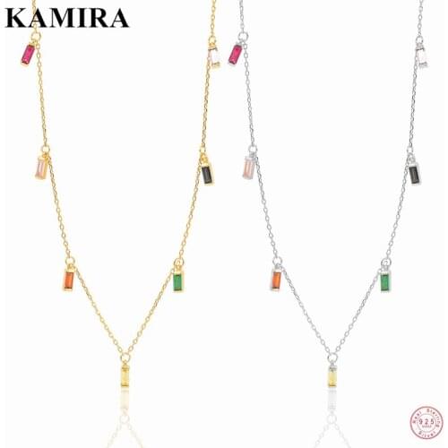 KAMIRA 925 Sterling Silver Romantic Chic Color Square Zircon Clavicle Pendientes Necklace for Women Korean Charm Elegant Jewelry