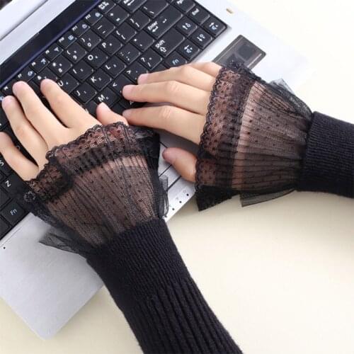 1 Pair Korean Women Girls Fake Flared Sleeves Double Layer Lace Pleated Ruched False Cuffs Sweater Blouse Wrist Warmers