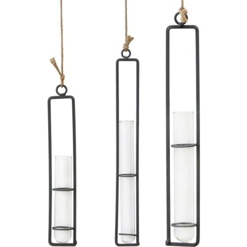 1pcs Hanging Glass Planter Iron Art Hydroponic Vase Transparent Test Tube Flower Bottle Pot Container Home Garden Decoration