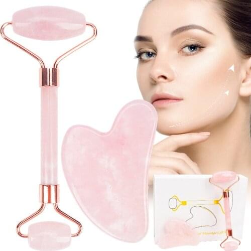 2 Pcs Pink Stone Jade Massagers for Face Body Gua Sha Scraper Beauty Facial Roller Set Natural Stone Skin Care Makeup Set Tools