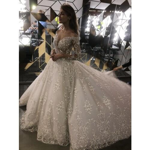 2021 Sheer Scoop Neck A Line Wedding Dresses Princess Wedding Gowns Bride Crystal Beading Custom Make Plus Size Wedding Dresses