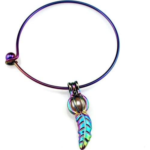 Rainbow Color Bangle Bracelet Pick a Pearl Cage Dangle Leaf Ball Pendant B-C542