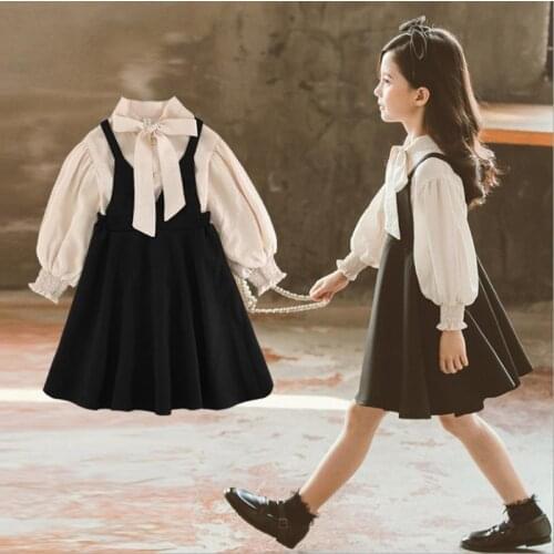 DFXD Spring 2PC Party Suit Outfits Teenage Clothing Sets 3-12T Bow Collar Long Sleeve Princess Shirt+Strap Skirt Girls Clothes
