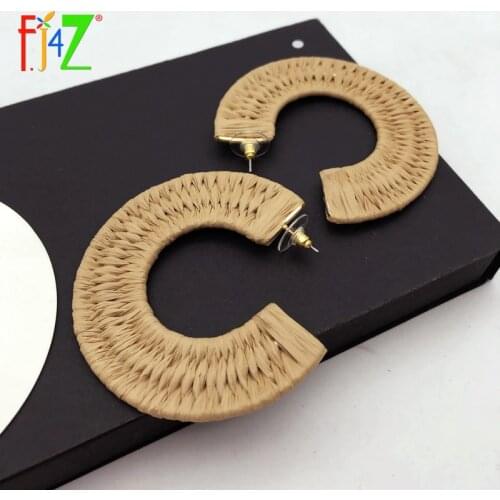 F.J4Z Brand Designer Raffia Handmade Earrings Colorful Straw Woven Earrings Fashion Big Hoop Earrings Accessories Brincos
