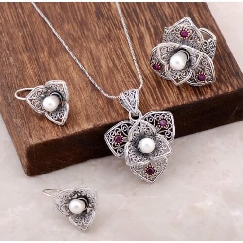 Filigree Processing with Pearl Stone Azalea Flower Silver Set 1880Hand Made Silver Jewellery Set