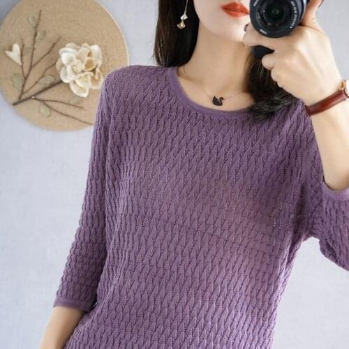 Summer new style O-neck cotton knitted Seven points sleeve short loose and thin half-sleeved pullover ladies top