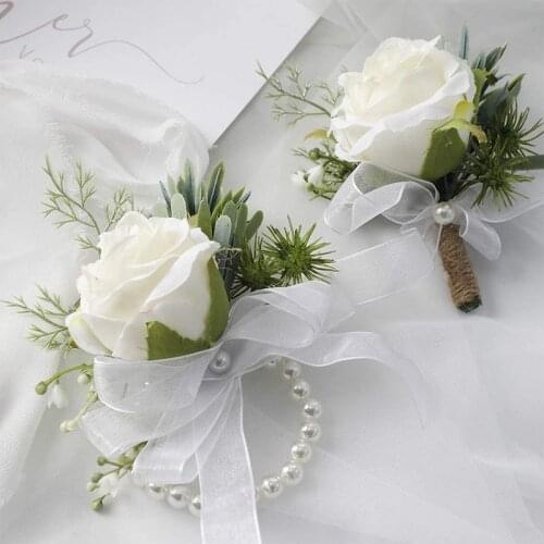 2pcs Artificial White Rose Flower Wrist Corsage Wristlet Band Bracelet Groom Boutonniere Men Corsage Event Accessories Party