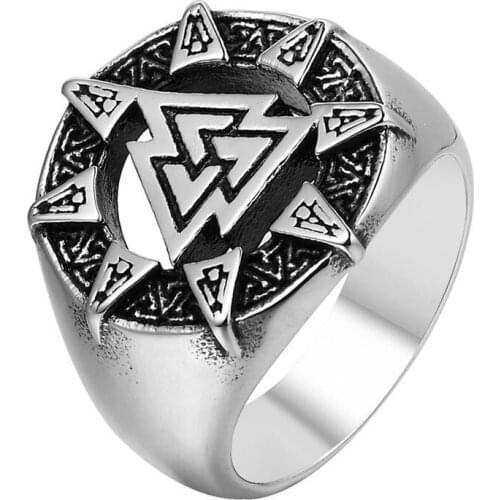 Retro Nordic Viking Rings Stainless Steel Triangle Valknut Odins Symbol Ring for Men Vintage Jewelry
