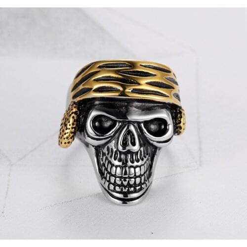 Free Shipping Punk 316L Stainless Steel High Quality Polish Golden Plated Skull Ring Heavy Vintage Skeleton Biker Rings