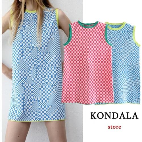 KONDALA Za 2021 Vintage Knitted Cotton Blue Plaid Mini Dress O Neck Sleeveless Straight Women Dress Elegant Vestidos