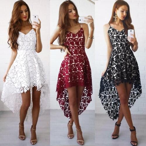 Irregular Lace Spaghetti Sexy Party Night Dress V Neck Sleeveless Straps High-Low Hem Elegant Stylish Ladies White Black Dresses