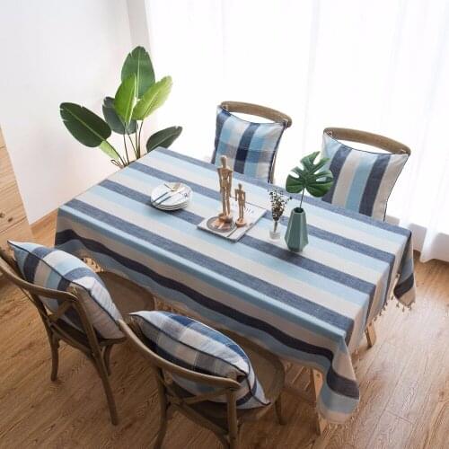 Striped Tassel Decorative Table Cloth Mediterranean Blue Kitchen Dining Table Cover Home Decor Living Room Coffee tablecloth