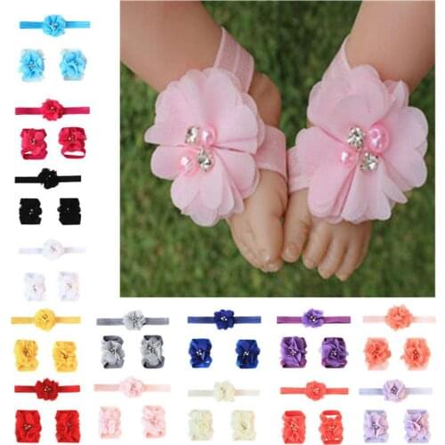 2020 New 3pcs Chiffon Flower Headband Barefoot Sandals Set Baby Kids Elastic Foot Band Solid Hair Bands for Photography
