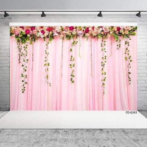 Pink Curtain Flowers Photographic Backdrop Vinyl Backgrounds Photo Studio for Baby Shower Wedding Valentines Day Photoshoot
