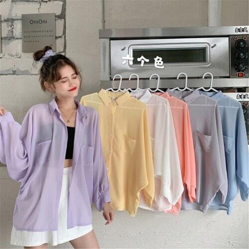 Shirts Women Summer Thin Chiffon Soft Breathable Sheer See-through Full Blouses Basic All-match Fashion Female Chic Loose New