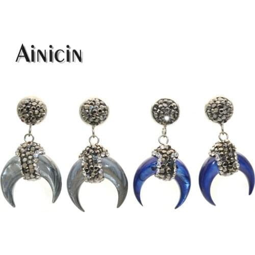 Natural Shell Blue Silver Color New Moon Crescent Shape Dangle Earring Rhinestone Crystal Paved Fashion Women Peary Jewelry