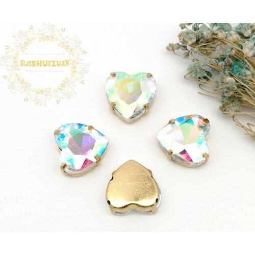 Crystal AB Heart shape Crystal Glass Sewing Rhinestones with gold Claw Rhinestones for Diy wedding Dress and Bags