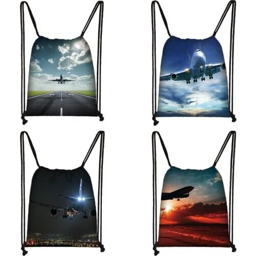 Passenger Plane Print Drawstring Bag Women Travel Bag Teenager School Bag Brown Girl And Boy Backpack Fashion Female Storage Bag