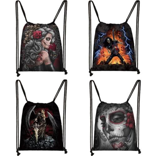 Terror Gothic Punk Grim Reaper Drawstring Bag Men Women Skull Travel Boys Canvas Storage Bags Gift