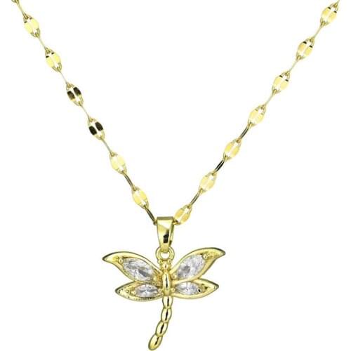 316L Stainless Steel Fashion Fine High-end Jewelry Zircon Lifelike Dragonfly Charms Chain Collier Necklaces & Pendants For Women