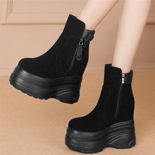 14cm High Heel Pumps Shoes Women Genuine Leather Motorcycle Boots Female Winter High Top Round Toe Fashion Sneakers Casual Shoes