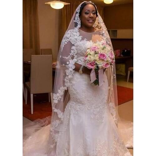 Plus Size Wedding Dresses African Nigerian Lace Mermaid Bridal Gowns Sheer Neck Applique Lace 3/4 Long Sleeve Custom Black Girl