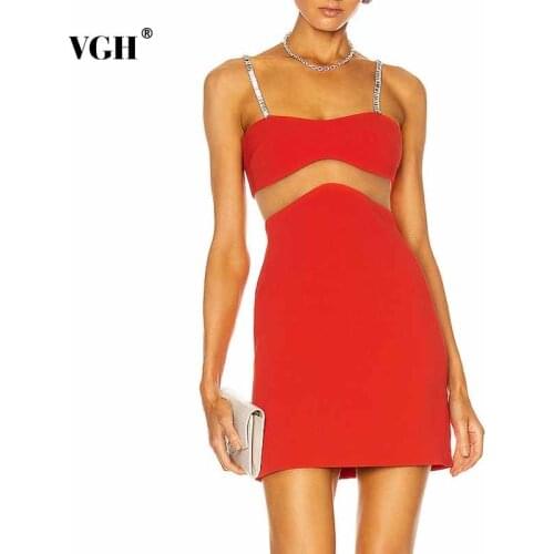 VGH Sexy Red Party Sling Dress For Women Square Collar Sleeveless High Waist Hollow Out Mini Bodycon Dresses Female 2021 Fashion