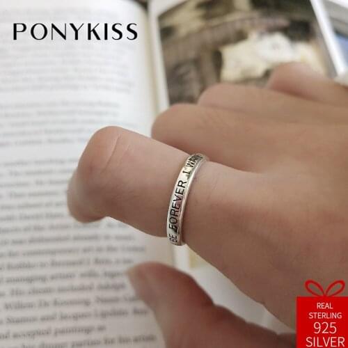PONYKISS Vintage 100% 925 Sterling Silver Forever Letter Antique Adjustable Opening Ring Women Party Delicate Jewelry Chic Gift