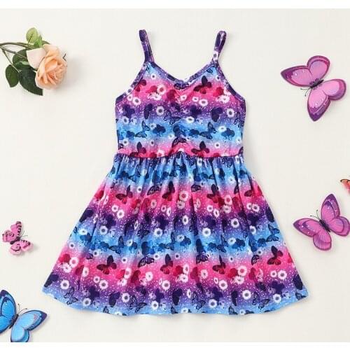 2021 Summer Kids Baby Girl Summer Dress Sleeveless V-neck Butterfly Print Tie-dyed Princess Holiday Dresses Clothes