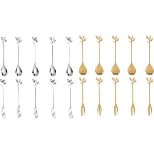 5Spoon+5Forks Stainless Steel Leaf Coffee Cake Spoon Fork Dessert Spoons, Stirring Teaspoon Set CNIM Hot