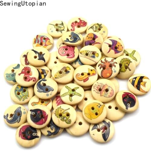 50PCS 15MM DIY Wooden Buttons Sea Series Wood Buttons Children Decorative Wood Button DIY Buttons Scrapbooking Accessories