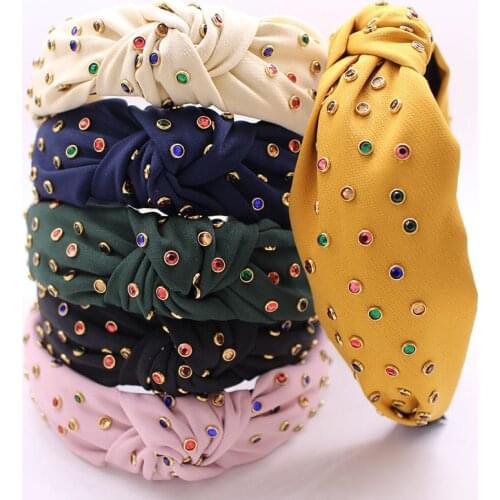 Bohemian Summer Color Rhinestone Center Knot Wide Hairband Handmade Hairband Hair Accessories