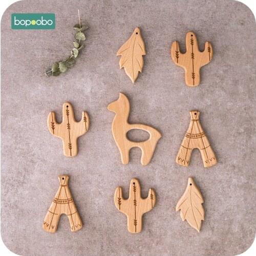 Bopoobo 5pc Wooden Teether Food Grade Beech Wood Animals Baby Toys For New Born Pendant Pacifier Nursing Products Baby Teethers