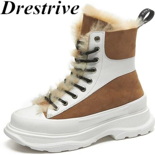 Drestrive Fur Women Snow Boots Platform Cross Tied Kid Suede 2020 Winter Shoes Ankle Boot Black Mixed Colors Wool Round Toe