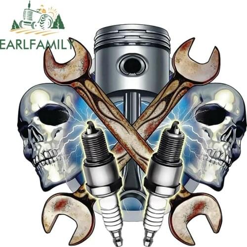 EARLFAMILY 13cm x 12.6cm Mechanic Skulls and Spark Plugs Wall Decal 3D Metal Design Car Stickers for Window Bumper Trunk JDM