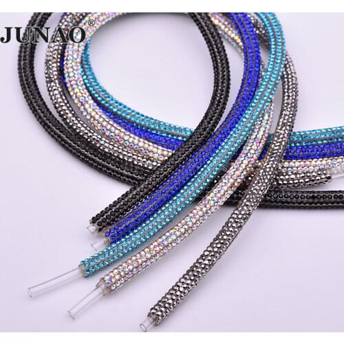 JUNAO 1Meter Clear Black Glass Rhinestones Cord Chain Crystal Trim Ribbon Strass Tape Banding for Clothing Jewelry Crafts
