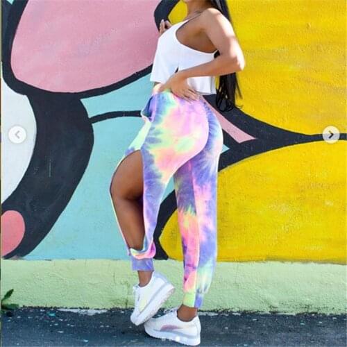 Colorful tie dye fashion joggers mid waist long pants women side open sweatpant loose trousers summer hip hop streetwear clothes