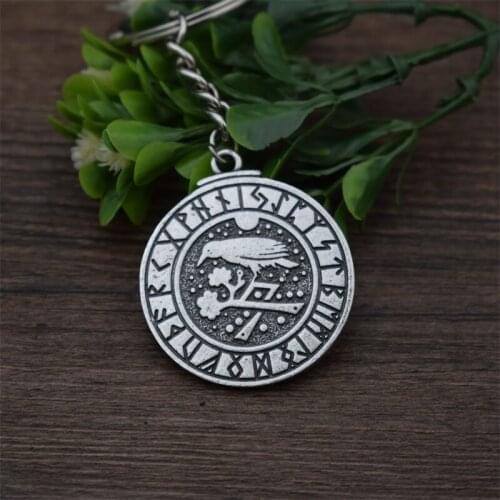 Round Vintage Nordic Viking Rune Raven Crow Keychain Religious Amulet