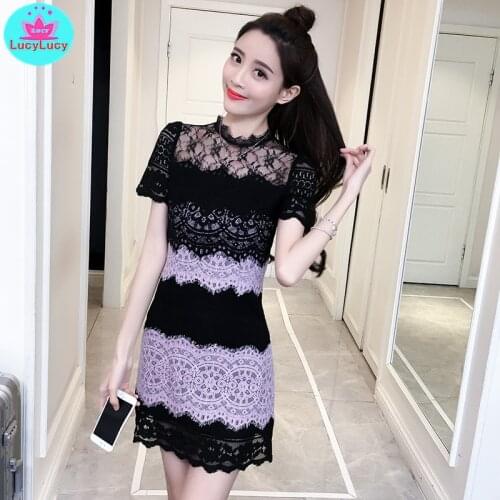 2019 summer new ladies temperament sexy slim lace stitching short-sleeved dress Knee-Length Lace