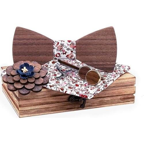 Linbaiway Wood Bowtie+Handkerchief+Brooches+Cufflinks+Tie Clips Set for Men Suit Wooden Bow Ties Butterflies Suit Bowknots Gifts