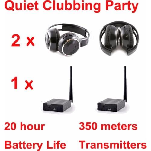 Silent Disco Headset system black folding wireless headphones - Quiet Clubbing Party Package (2 Headphones + 1 Transmitter)