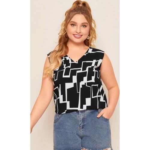 2021 new summer loung wear V-neck geometric vest casual loose sleeveless shirt women