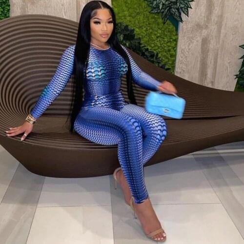 New 2021 Workout Printing Bodycon Long Sleeve Rompers Womens Jumpsuit Streetwear Blue Summer Fashion One Piece Outfit Sportswear